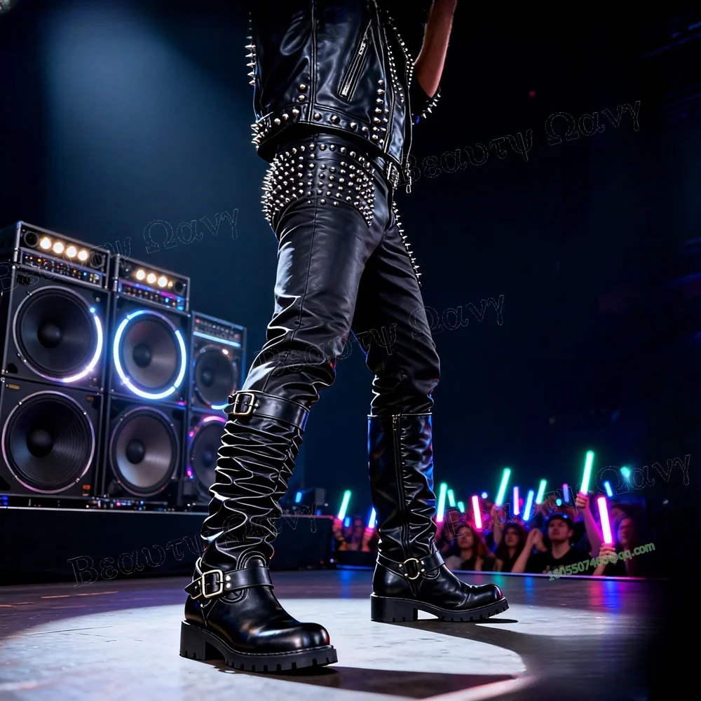 أسود العجل حزام ديكور الرجال فارس الأحذية الكاحل مشبك ماتي الجلود جولة تو أحذية للرجال أحذية Zapatos Para Hombres #1