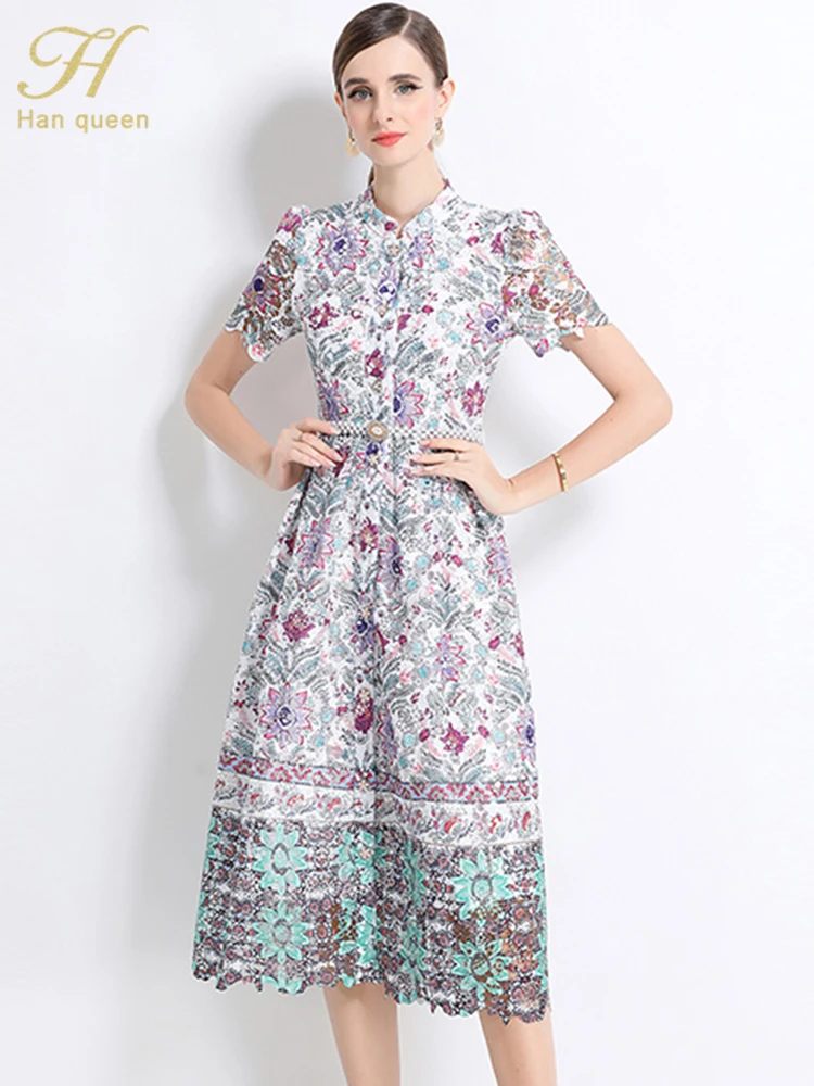 

H Han Queen Summer Luxury High-End Fashion Elegant Lace Dresses For Women Short Sleeve Slim Hollow Out Holiday Prom Dress