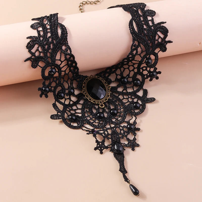 Gothic Victorian Black Lace Necklace for Women Water Drop Sexy Lace Choker Necklace Steampunk Collar Vintage Statement Jewelry