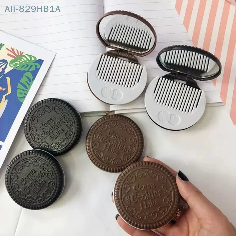 Miroir de Maquillage Pliable en Forme de Biscuit au Chocolat pour Femme, Outil Mignon, Oreo, Design, avec 1 Peigne, 1 Pièce