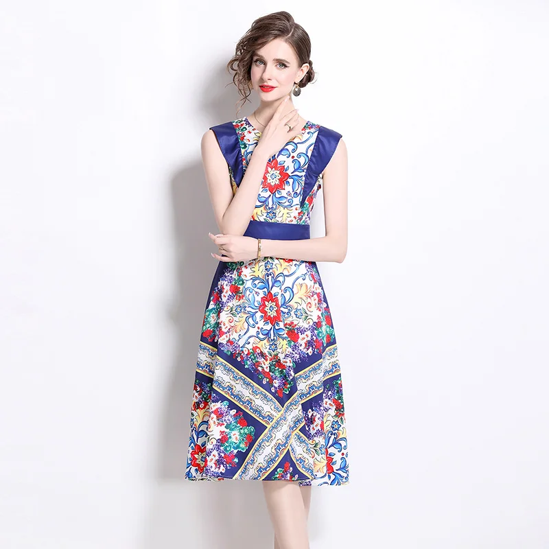 Briti Sle Large Size Svel Midi Dr Ele Lady Court  round Ne Women's Dr Casual Floral Print Polye...
