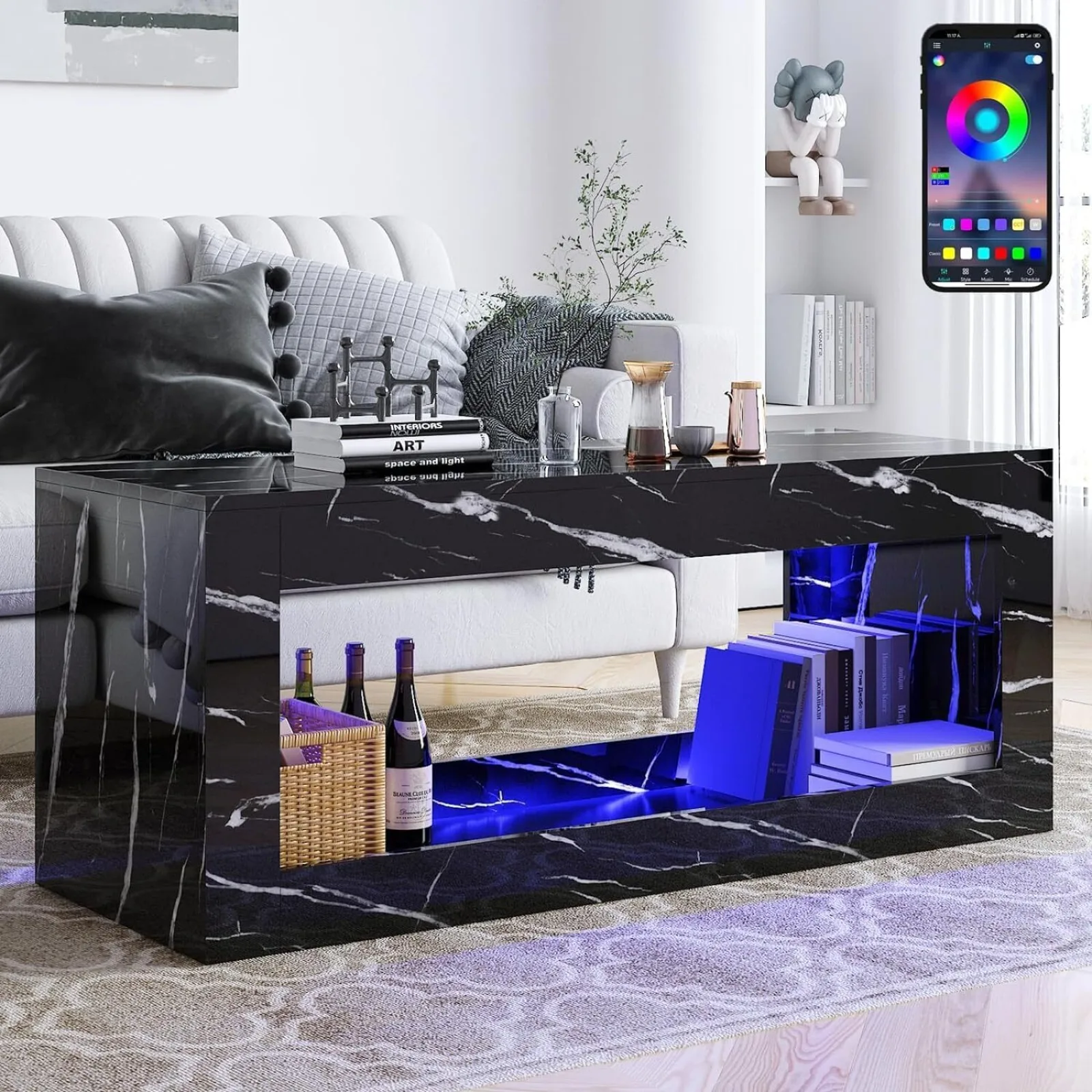 US47.3-inch modern high-gloss LED coffee table with application control and marble printing-