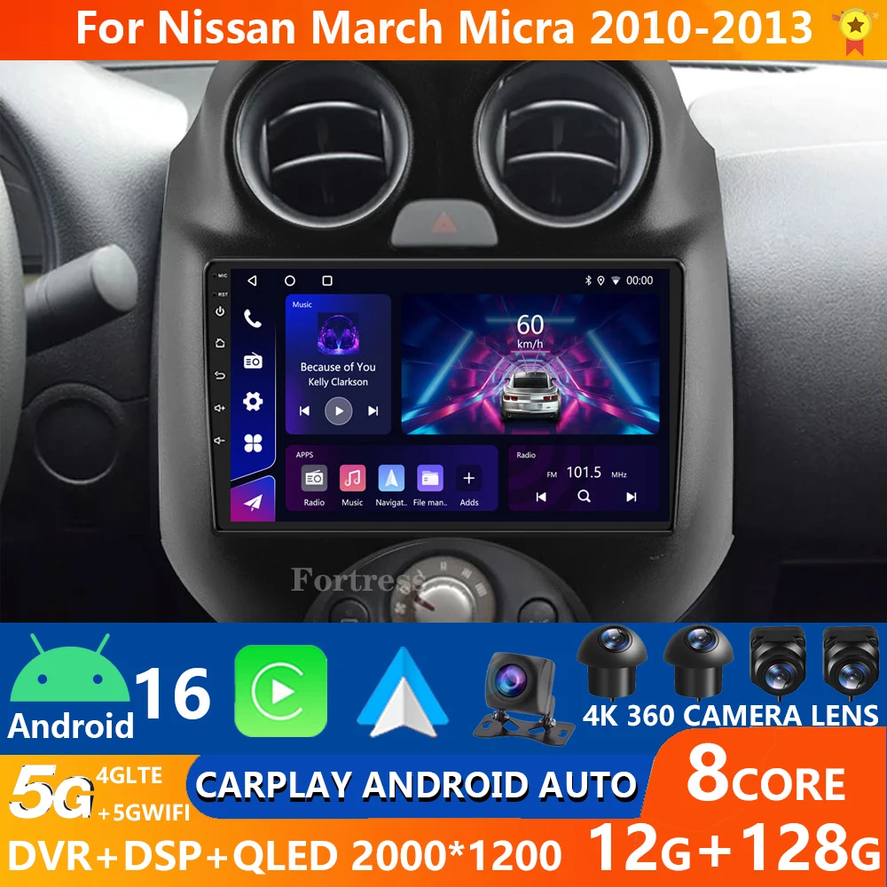 Android 16 Carplay Auto para Nissan March MICRA 2013 2014 2015 2016 Radio de coche navegación GPS WIFI + 4G 2 Din unidad principal vídeo estéreo