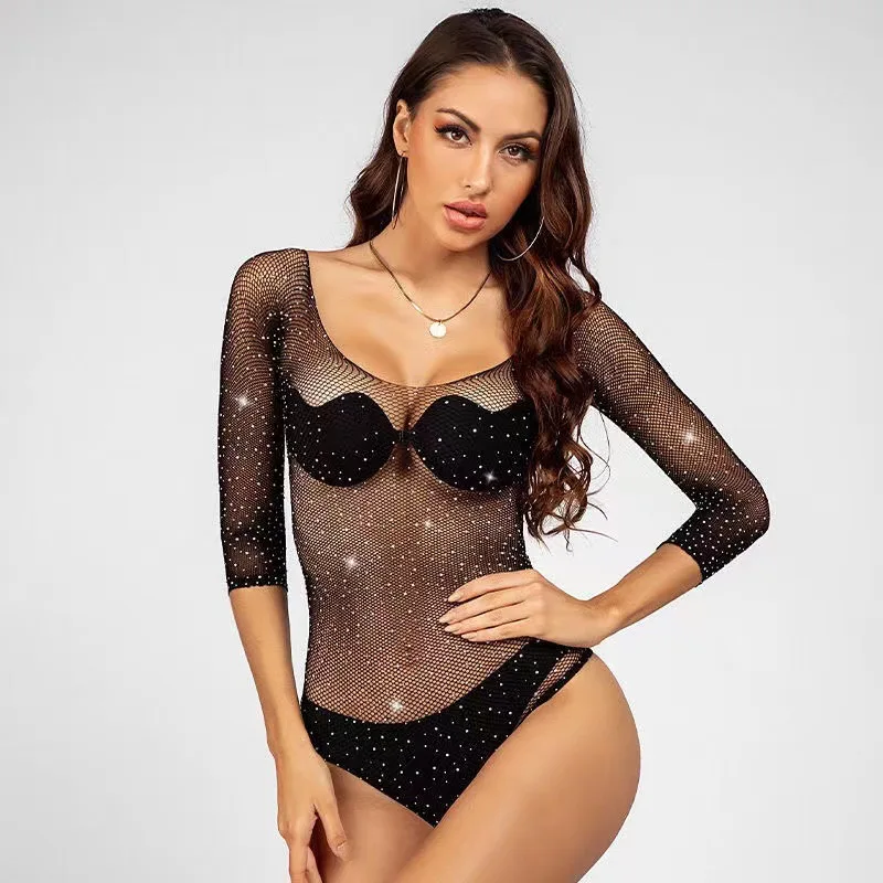 Women\'s Clothing Summer 2022 Elegant Sexy Bodysuit Bright Diamond Fishnet Porno Bodysuits See Through Sequin Long Sleeve Tights