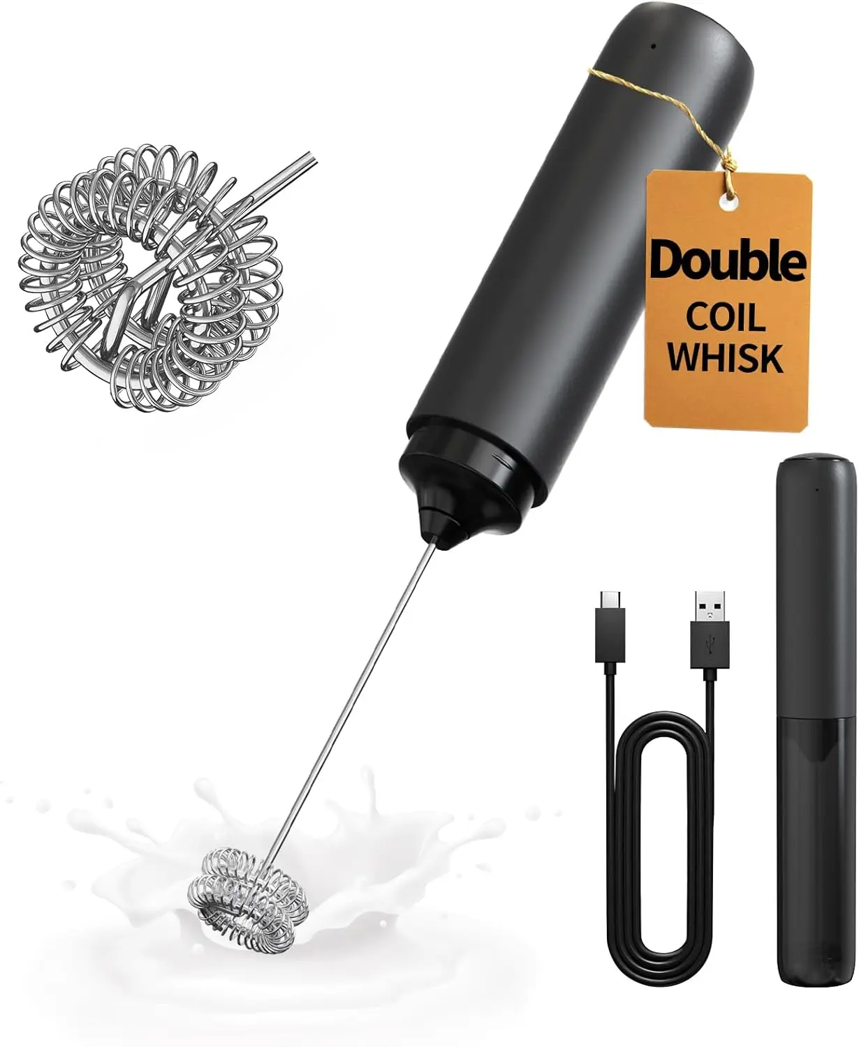 

Rechargeable Milk Frother Handheld, Dual Coil Whisk Head Electric Coffee Frother, Portable Drink Mixer for Matcha Lattes Cappuccino, Black