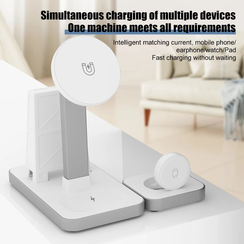 Cross-border desktop multi-function wireless fast charging clock mobile phone folding stand portable 4-in-1 no Cord charger