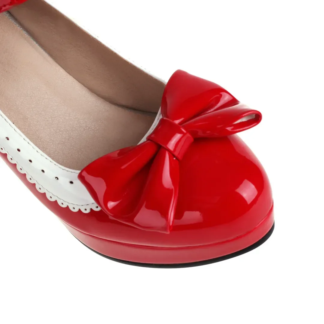 Big Size Sweet Bowttie Women Platform Mary Janes Yellow Pink Red High Block Heel Wedding Party Dress Lady Round Toe Lolita Shoes