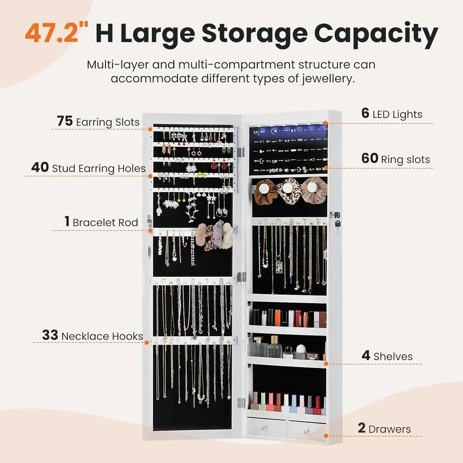 47.2-inch Jewelry Armoire with LED Lights, Full-Length Mirror, Lockable Storage for Wall or Door Mounting