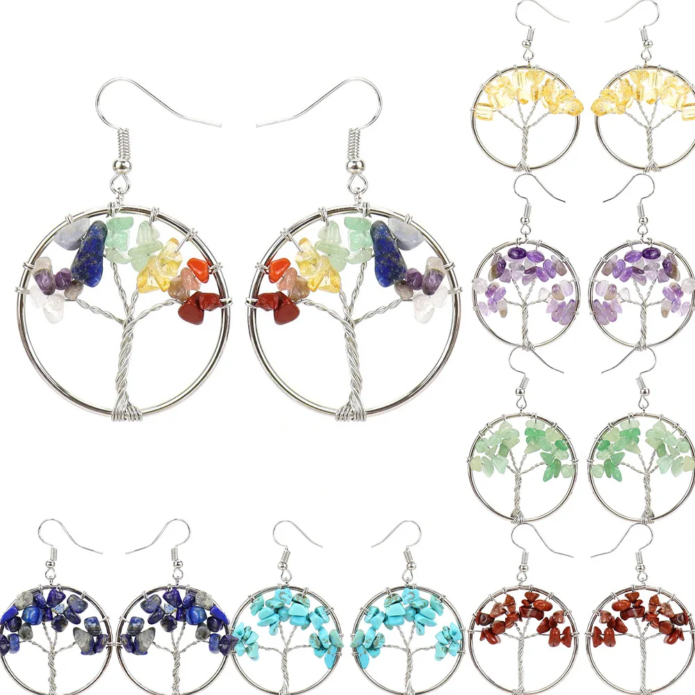 Pendientes de piedra de grava de cristal Natural para mujer, pendientes de gota de árbol de los deseos, pendientes de tuerca de árbol de la vida