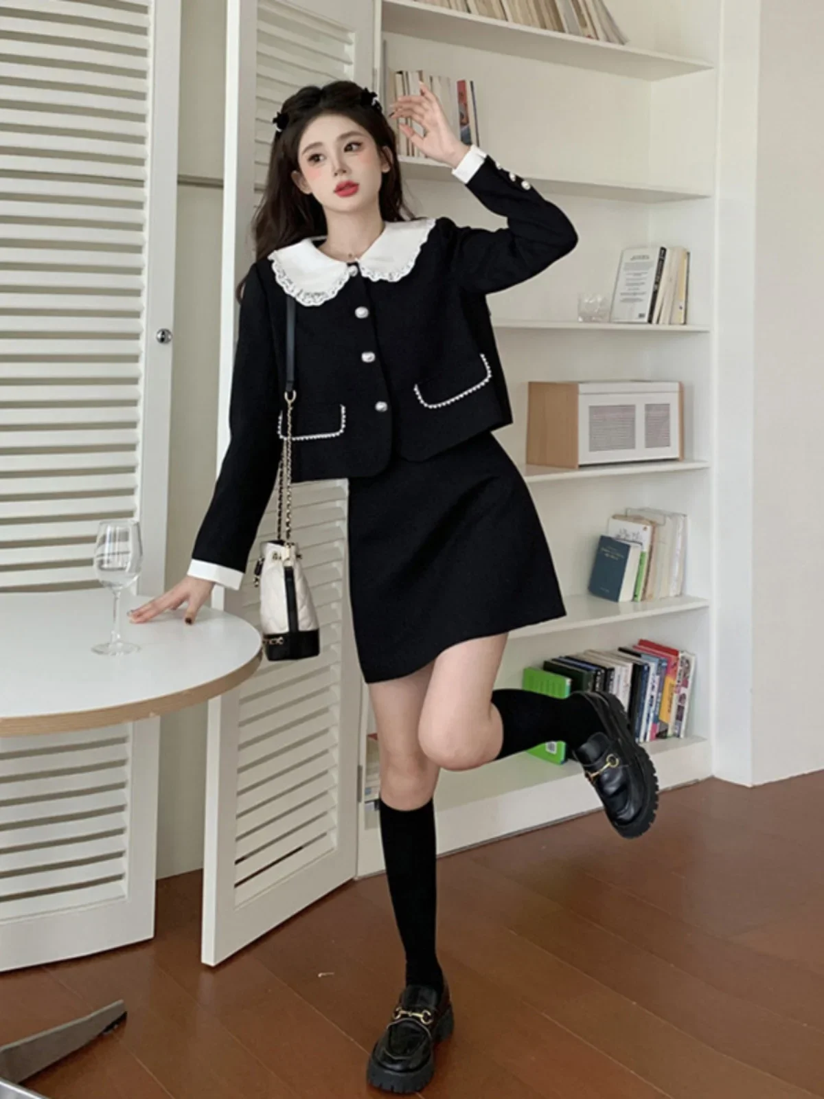 Two-piece Elegant Socialite Tweed Coat 2024 Spring and Autumn Japanese School Style High-waisted Skirt Set Women Female Clothing