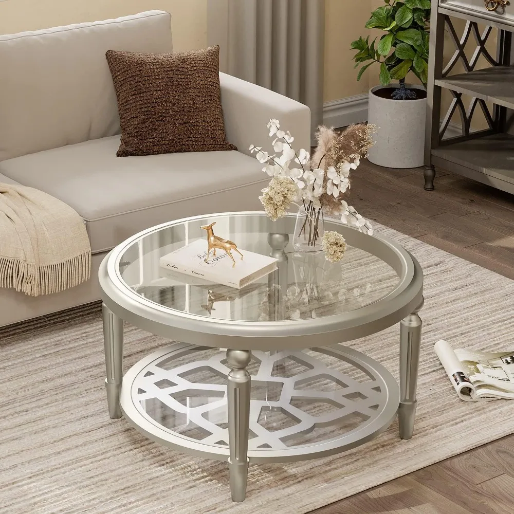 

Glass Coffee Table, 32 Round Coffee Tables with Storage, 2-Tier Glass Top, Clear Coffee Table, Simple & Modern Center Ta