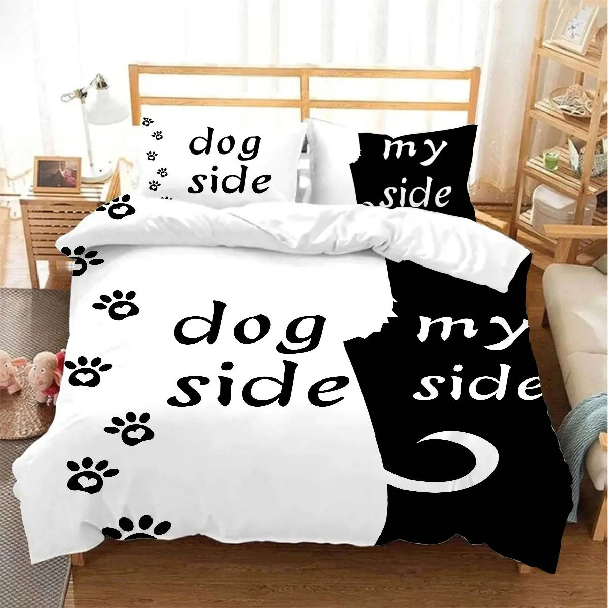 

Black And White Dog Cartoon Print Bedding Set Kids Room Duvet Cover Set 3 Piece Set Simple Style 100% Polyester