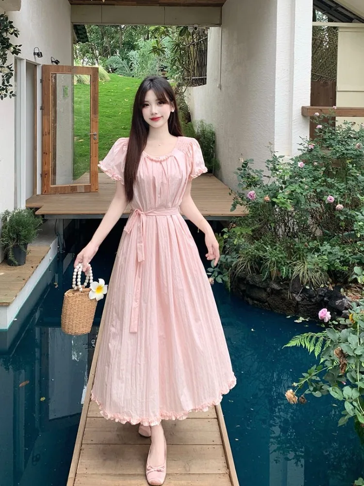 

plus Size Women's Sweet Lace Trim Pleated Short Sleeve Dress Summer New Waist Cinched A-Line Skirt Korean Style Commute Wind