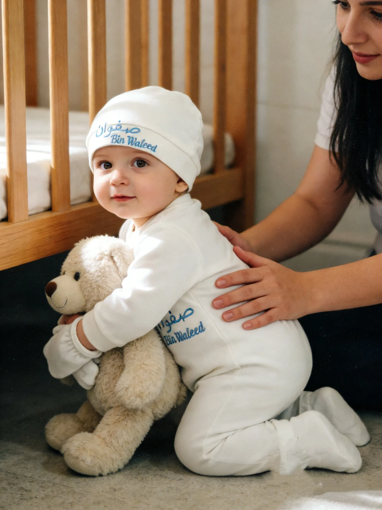 Chic Baby Boy White Blue Embroidered Set - Soft Fabric & Booties - Ideal for Baptism & Baby Shower
