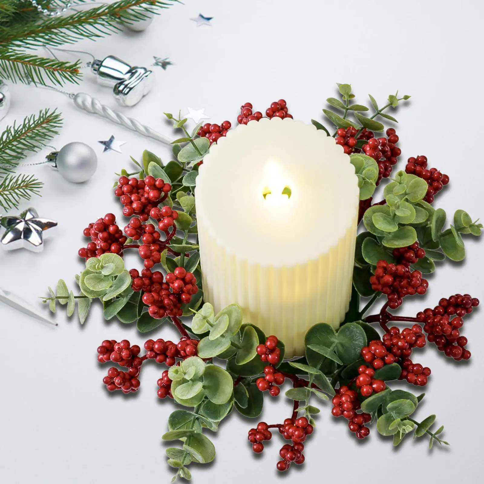 Candle Garland Ring Artificial Floral Arrangement Pillar Candle Ring Wreath for Holiday Christmas Dining Table Cafe Living Room