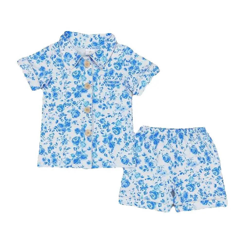 

Baby Girls Blue Flowers Shirts Ruffle Shorts Pajamas Clothes Sets