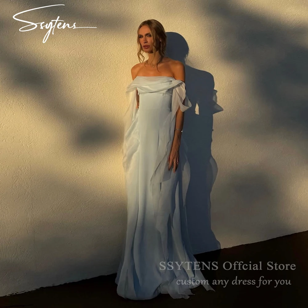 SSYTENS Elegant Blue Chiffon Evening Dresses Draped Ruffle Prom Party Gown for Women Elegant Long Wedding Guest Dress Customized