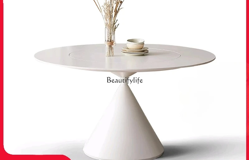 

Deli Feng rock slab dining table French cream pure white round rock slab round table