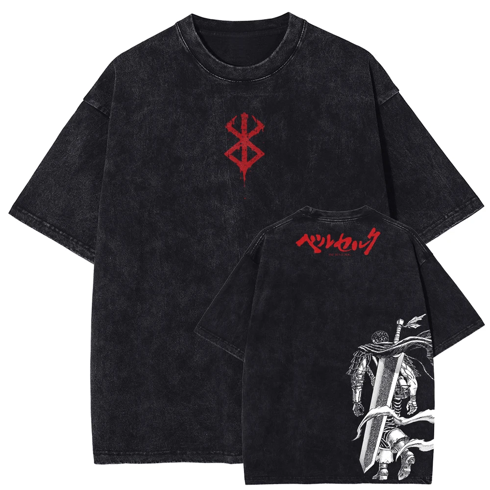 

Men Vintage Washed Black T-Shirt Streetwear Anime Graphic Print Tshirt Unisex Summer Short Sleeve Cotton Y2K Ins Y2k Hot Sell