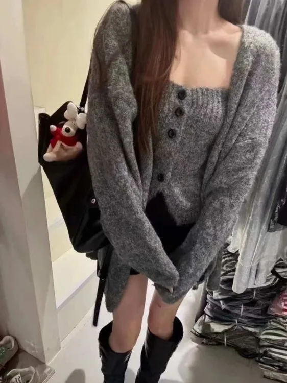 Korean Style Soft Knitted Tube Top Sweater Outerwear Women's Fashion Autumn Winter New Arrival Two Piece Set Comfortable Long...