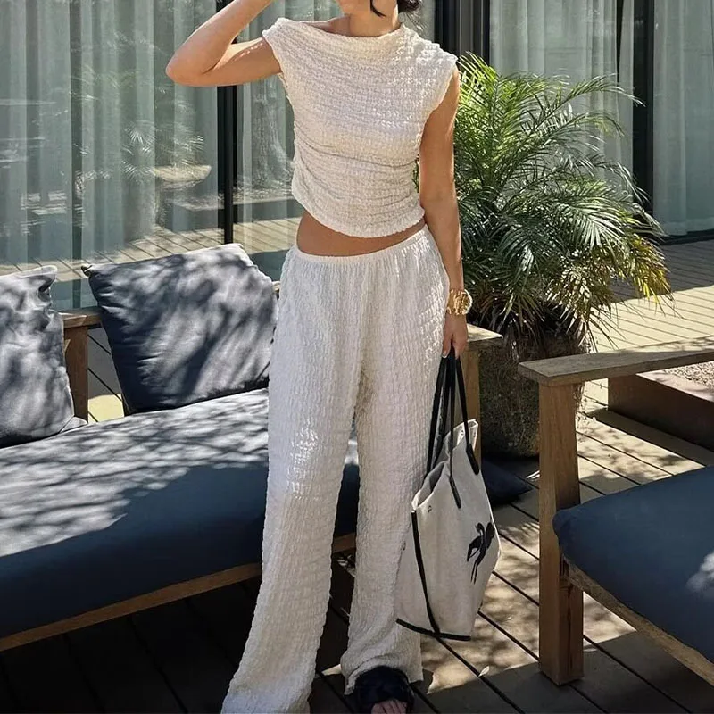 Women\'s 2024 Retro Asymmetrical Top Elastic Waist Trousers New Fashion Solid Color Knitted Texture Suit Summer Casual