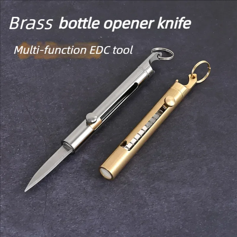 Multifunctional Brass Bottle Opener Knife Portable Retractable Knife Outdoor Self-defense Disassembly Express Tool Key Pendant