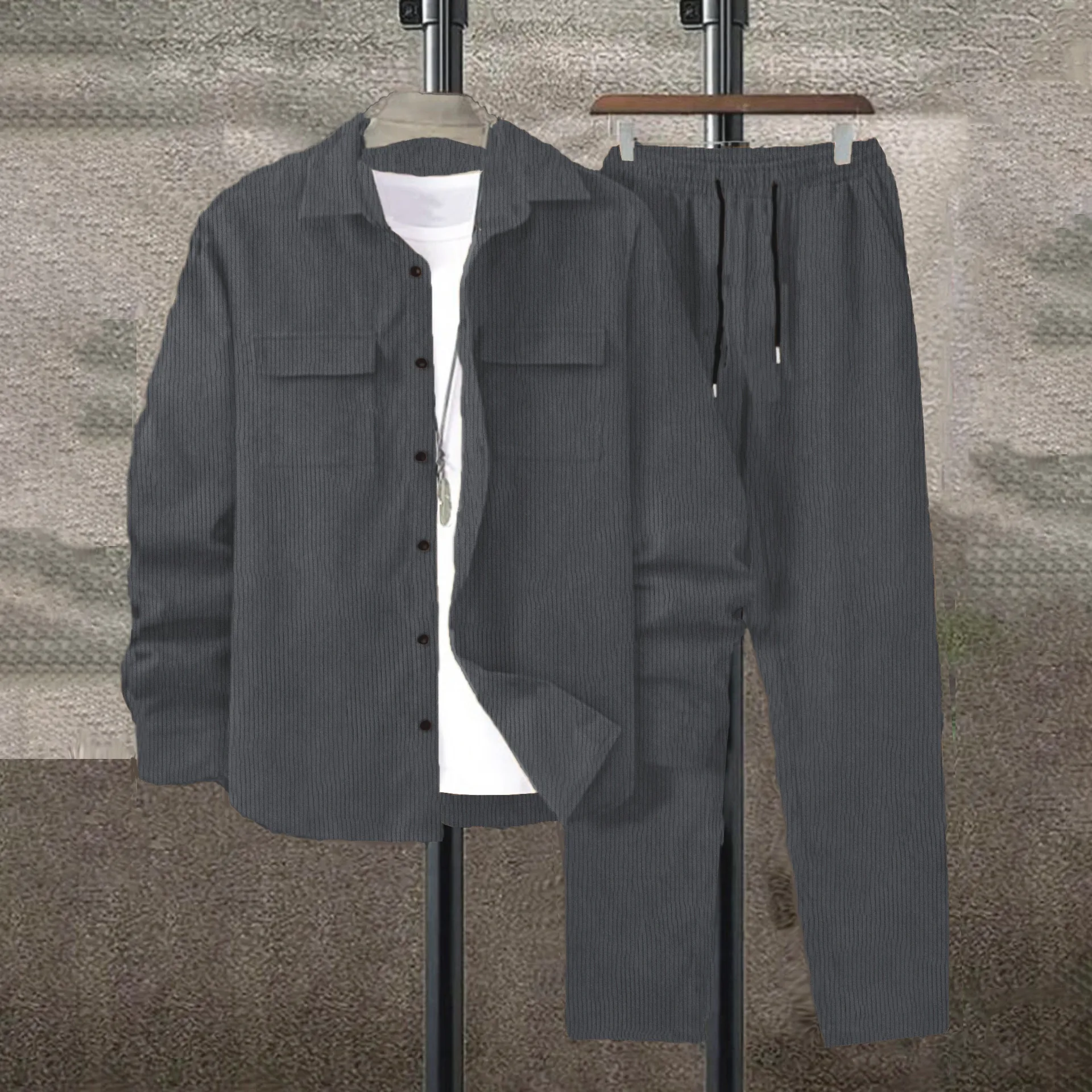 New Fashion Men's Solid Color Corduroy Casual Trendy Loose 2 Piece Sets Turn-down Collar Long Sleeve Shirts Straight Trousers