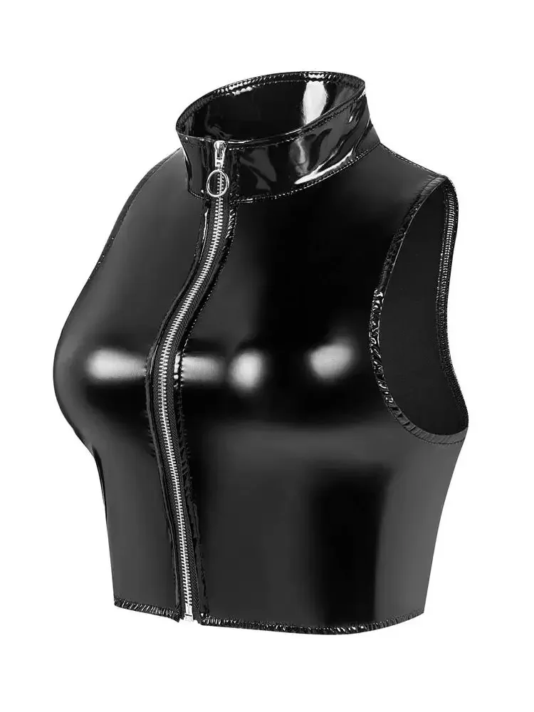 

S-3XL Wet Look PVC Bustier Tank Top Shiny PU Leather Crop Tops Sleeveless Zipper Vest Camis Tights Sexy Clubwear Croptop Cropped