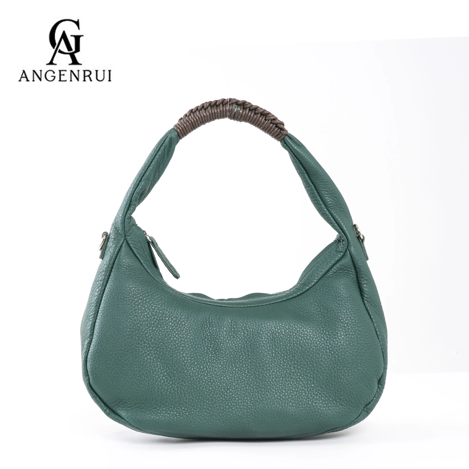 

2026 New Women's Top Grain Leather Houndstooth Strap Shoulder Bag Braided Handle Lychee Pattern Handbag