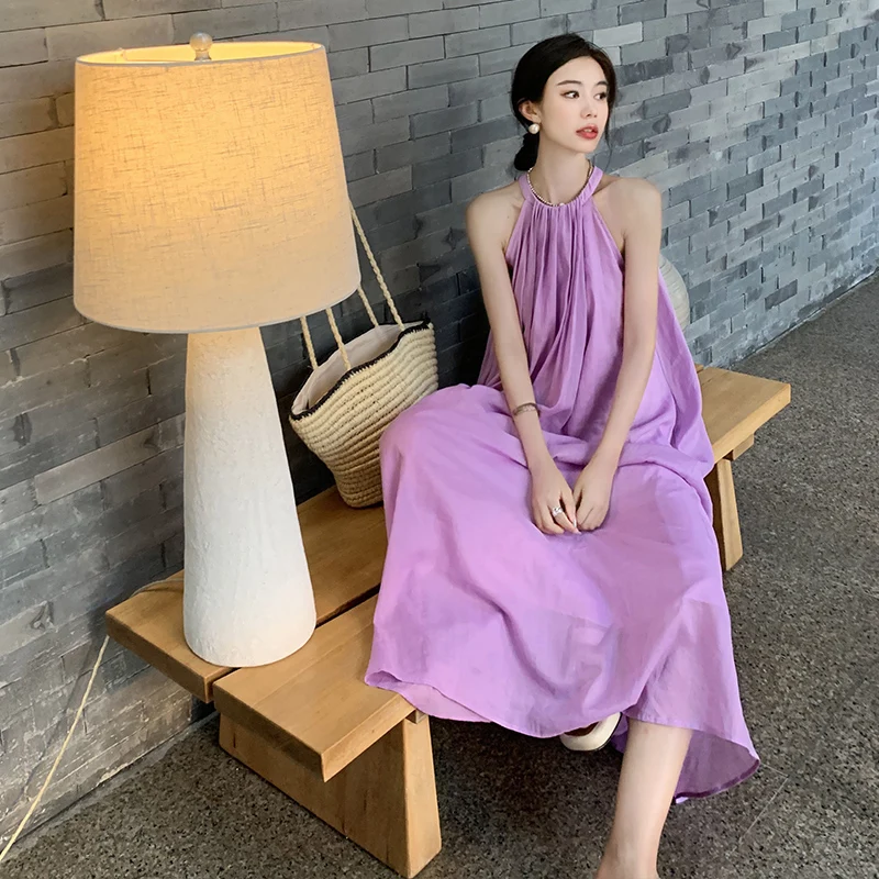 Cml Elegant Minimalist Lightweight Craftsmanship Upgraded Ramie Dress Vacation Dress Summer Halter Long Dress