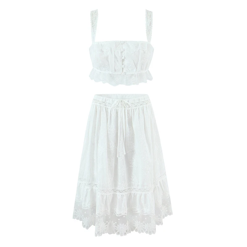 Sexy Women Lace Patchwork White Camis Skirt 2 Pieces Sets Summer 2026 Holiday Clothes