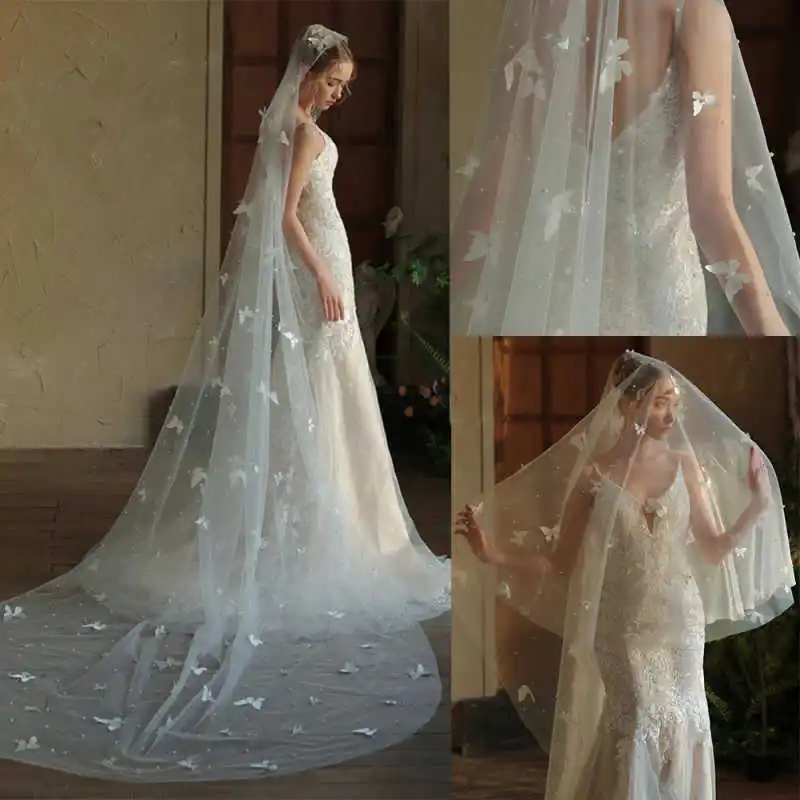 

Romantic Bridal Veil Without Comb One Layer 3m Long Cathedral Butterfly Applique Beading Bridal Veil Wedding Accessories