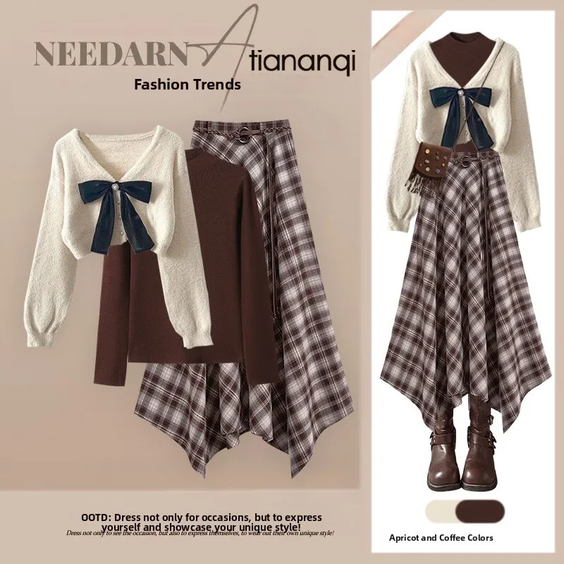 

Fashionable Knitted Sweater Set Women's Base Shirt Slim High Waist Skirt Three-piece Autumn Collection Casual Wear