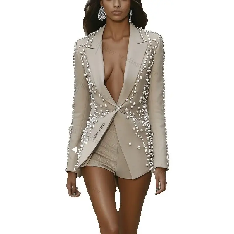 

Luxury Pearls Women Suit Set 2 Piece Blazer+Short Pants Trousers Formal Office Lady Jacket Customized Summer Wedding Coat