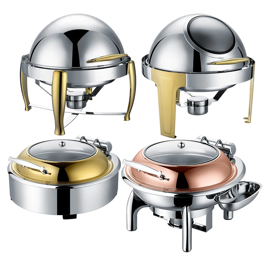 Electric Luxury  Roll Top Round Food warmers Buffet Set Gold Chafing Dish with Glass Lid