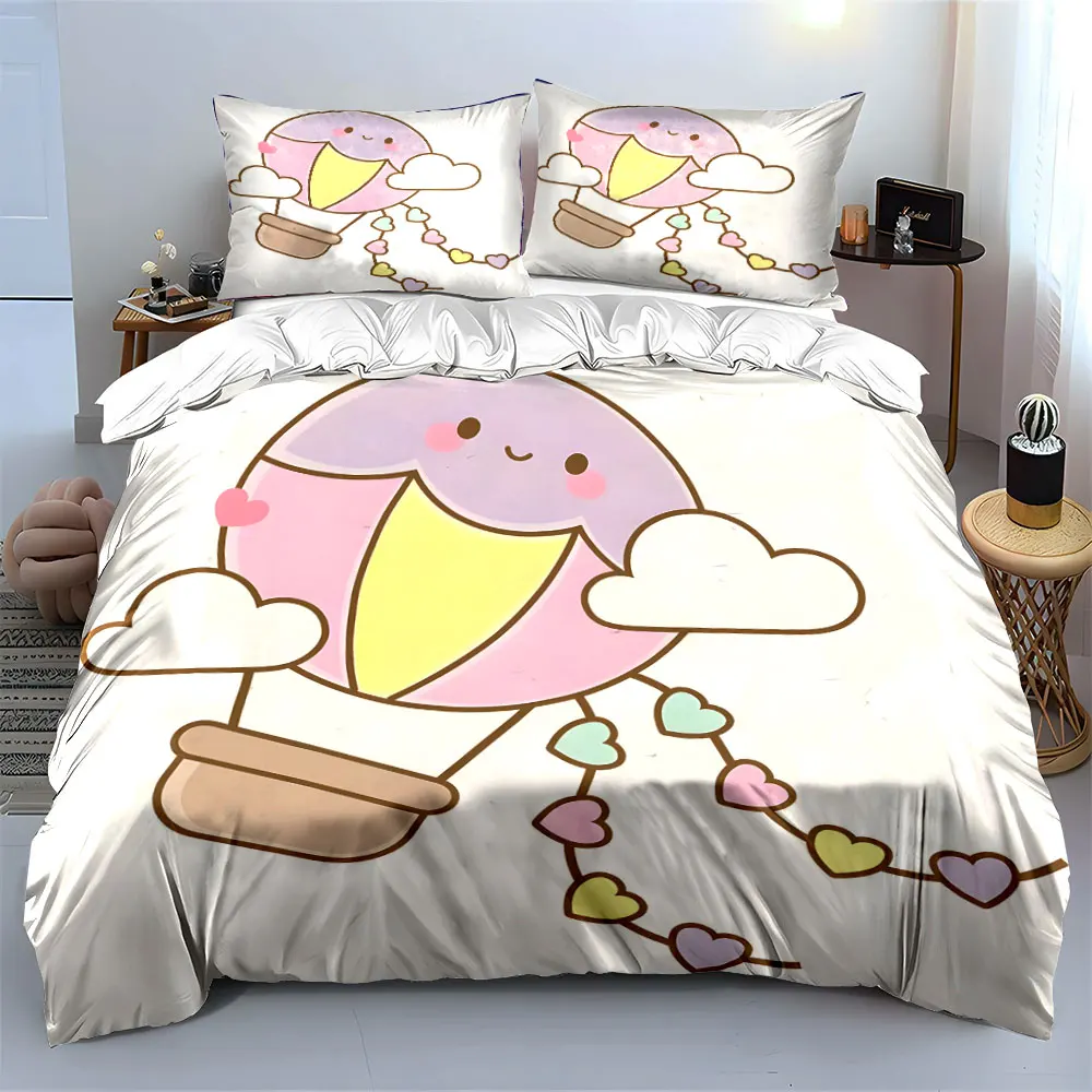 Cartoon balloon with colorful heart garland Printed Duvet Cover Set 1 Duvet Cover+2 Pillowcase Multi Size Bedroom Bedding Decor