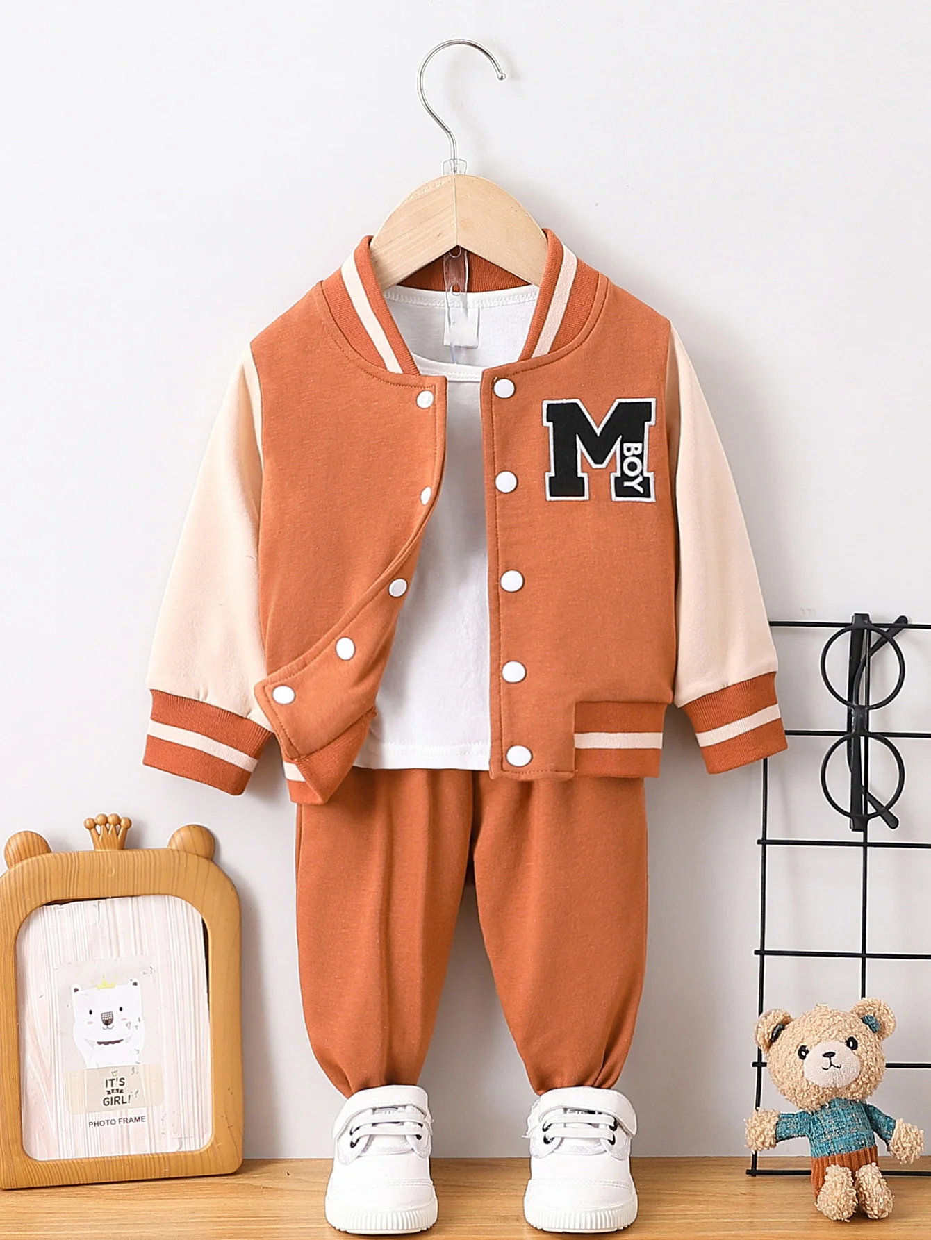 Toddler Boys 6 Months-5 Years Varsity Jacket Suit Letter Print Coat Tee Sweatpants Kids Autumn Clothes