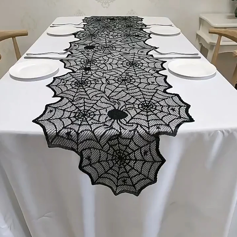 Halloween Decoration Lace Spider Web Skeleton Skull Tablecloth Black Fireplace Mantel Scarf Event Party Supplies