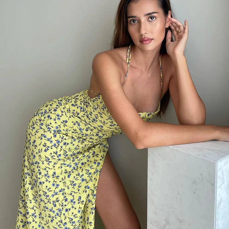 

Floral Printing Evening Dresses with Slit Spaghetti Straps Prom Dress Backless Chic Party Gown Summer Vacation Vestidos
