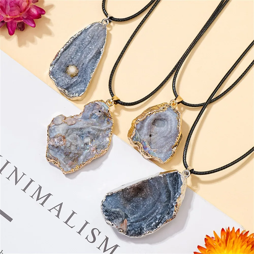 Exquisite Design Jewelry Natural Sun Agate Galactics Stone Pendant Stainless Steel Gold Adjustable Necklace