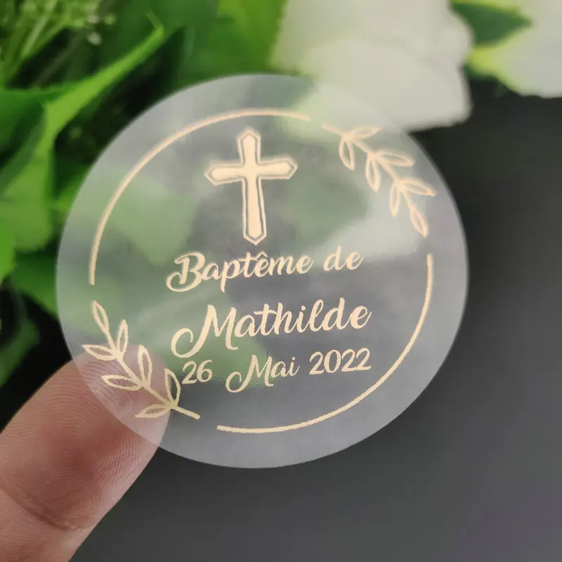 50PCS Custom Sticker and Customized Gold Wedding Birthday Baptism Stickers Personalize Stickers Size 4CM