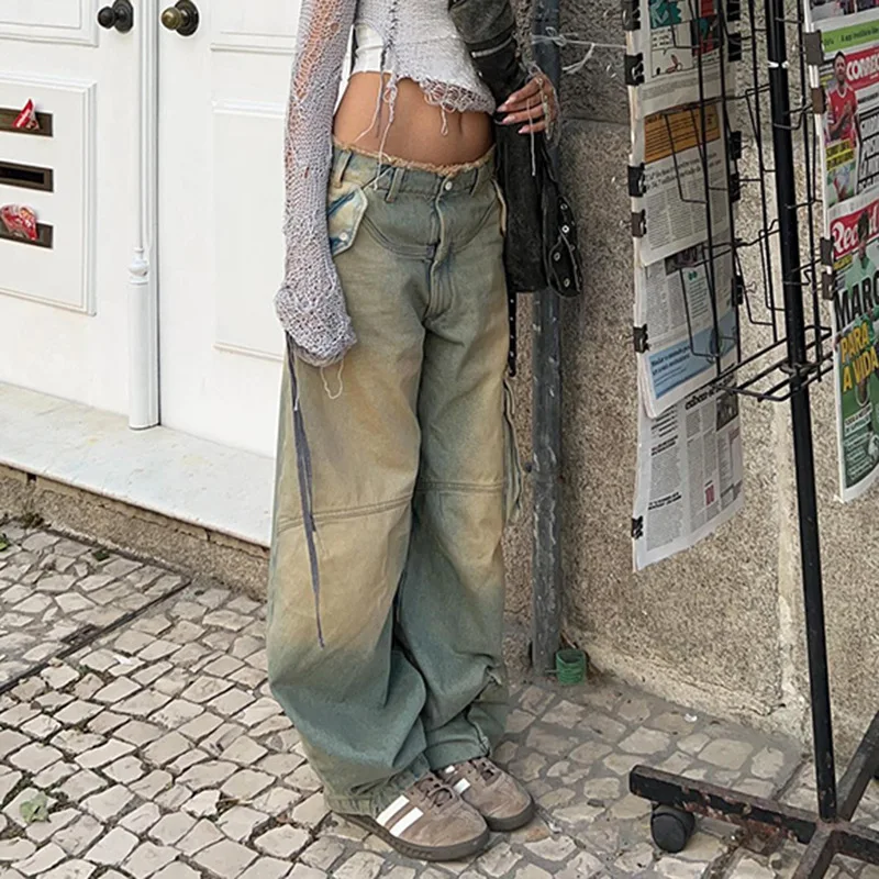 Y2K Low Waist Jeans Women 2023 Harajuku Streetwear Retro Wide Leg Straight All-match Loose Fashion Denim Trousers Vintage