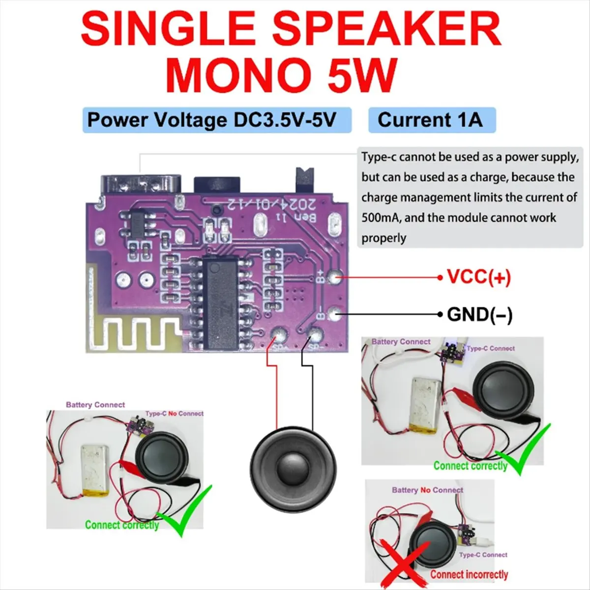 (DT37) DC3.5V-5V 5W Mono Audio Amplifier Bluetooth Decoder Board Supports TWS Pair TYPE-C Interface Electronic Component Kit