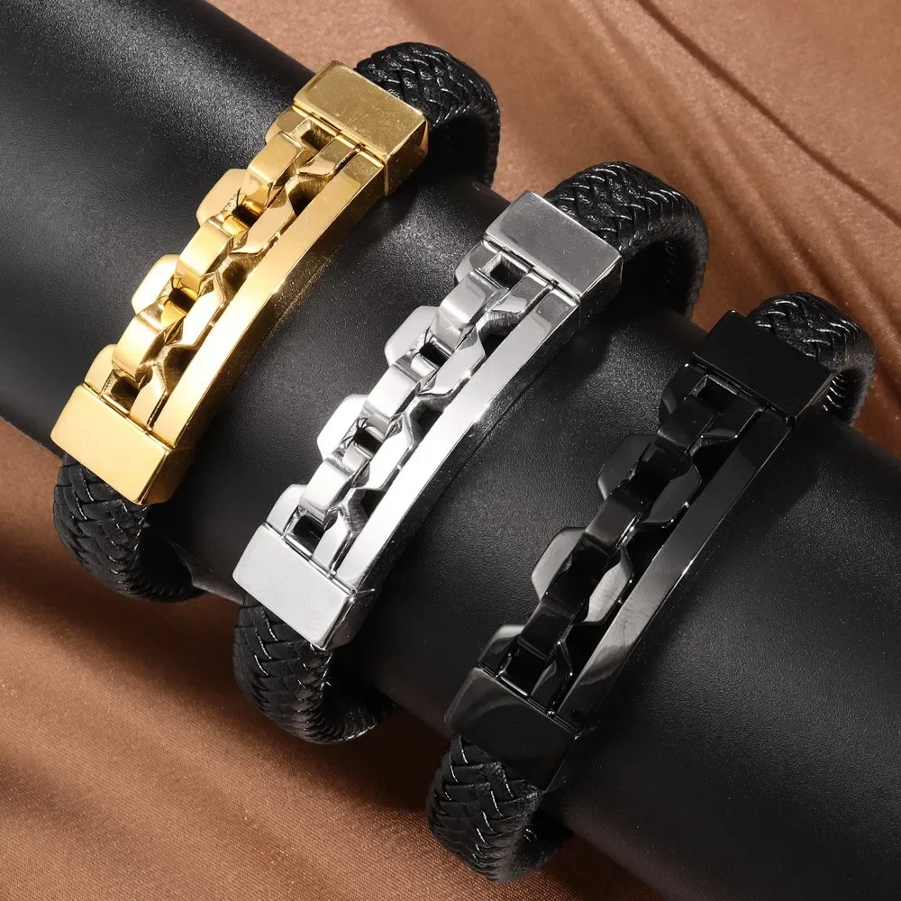 Trend Multi-Layer Leather Braided Hollow Lock Magnetic Buckle Bracelet Glamour Men's Bracelet New Fashion Jewelry Punk Accessori - Image 3