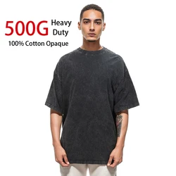 500G Heavy Pure Cotton American Retro Batik Washed Distressed T-shirt Fashion Brand Men's Loose Couple Short Sleeve