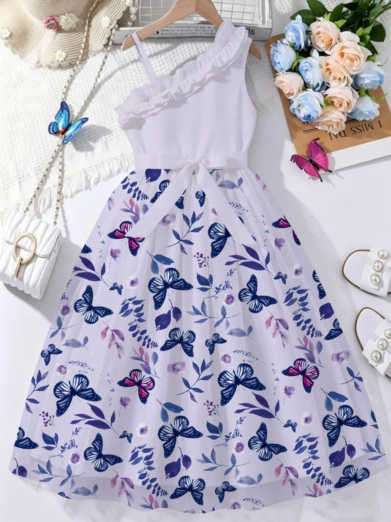 Girls Ruffle Trim One Shoulder Sundress Butterfly Floral Print Slim-Fitting A-Line Dress Romantic Vacation Style