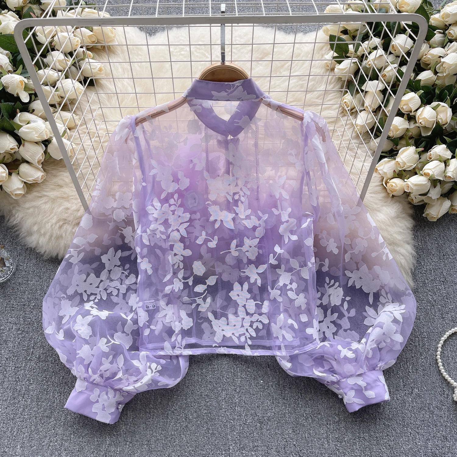 Chic Elegant Mesh Three-dimensional Floral  Puff Long Sleeve Loose Top Vintage Korean Fairy Crop Top Autumn Women Clothing