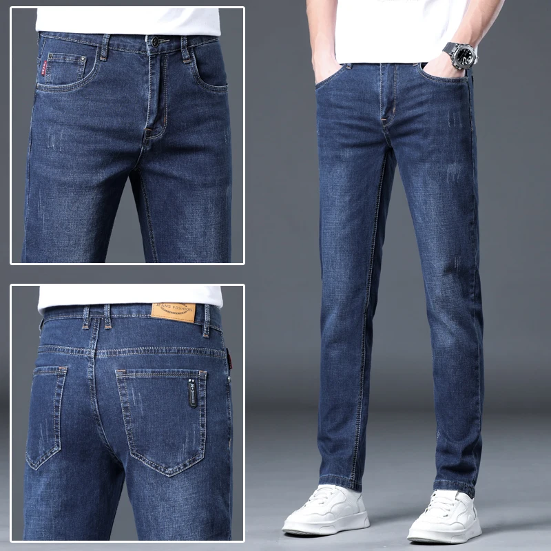 

Spring and Autumn New Fashion blue Elastic Men's Denim Pants Straight Leg Casual Jeans skinny jeans streetwear men