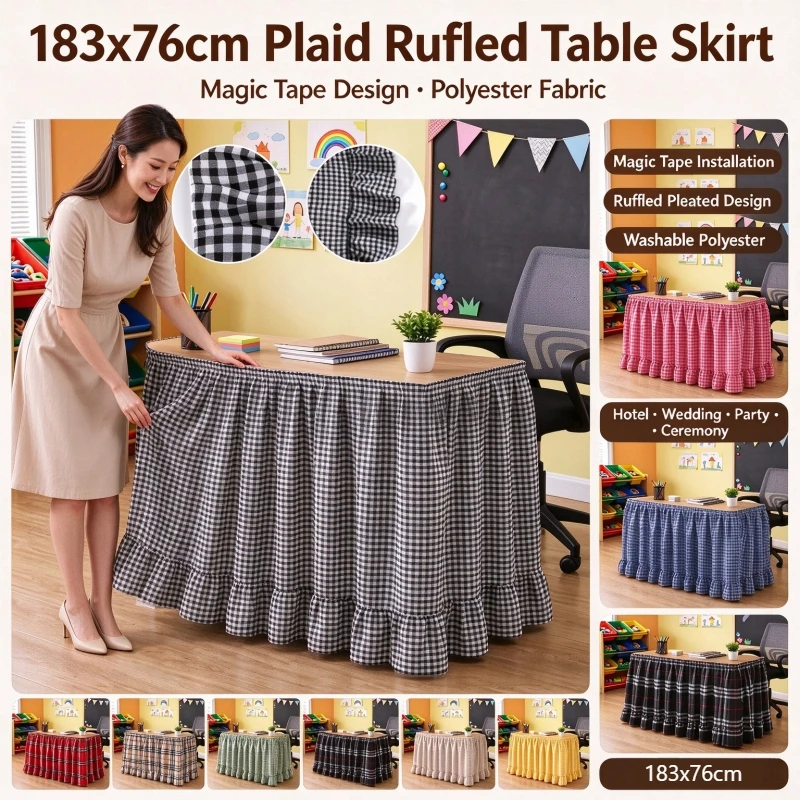 183x76cm Plaid Ruffled Table Skirt Magic Tape Design Polyester Table Skirt for Hotel Wedding Party Ceremony Podium Decoration