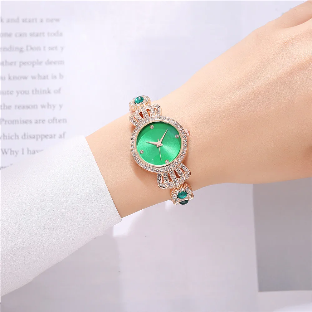 fashion blingbling rhinestone quartz green steel bracelet watch